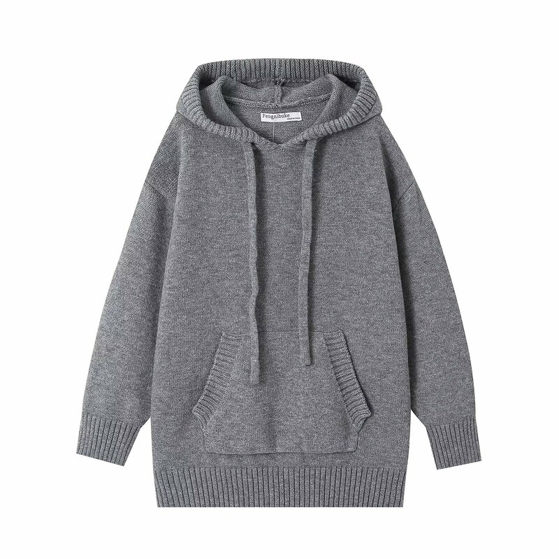 Women 2023 New Fashion Pocket decoration Loose Hooded knitted Sweatshirts Vintage Long Sleeve Female Pullovers Chic Tops