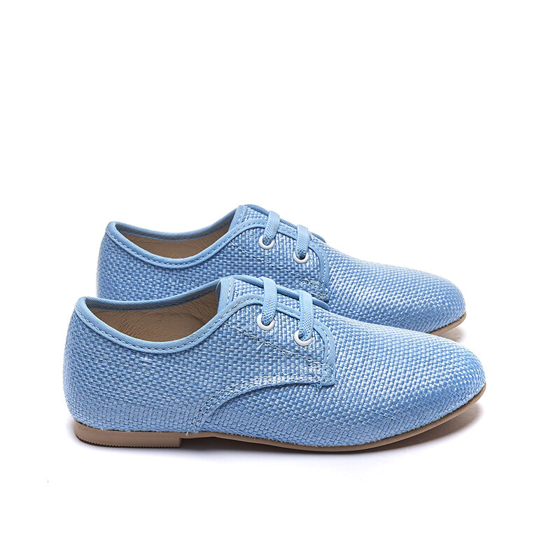 Sepatu formal untuk anak-anak, sepatu kasual tali goni warna biru cokelat, tali dekorasi klasik desain baru untuk anak laki-laki dan perempuan