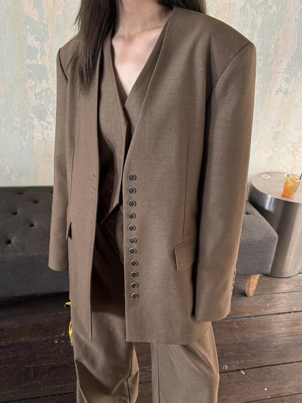 Модный женский Блейзер BZVW с V-образным вырезом и длинным рукавом однобортное однотонное повседневное шерстяное пальто 2024 Осенняя новая одежда 7AB3724