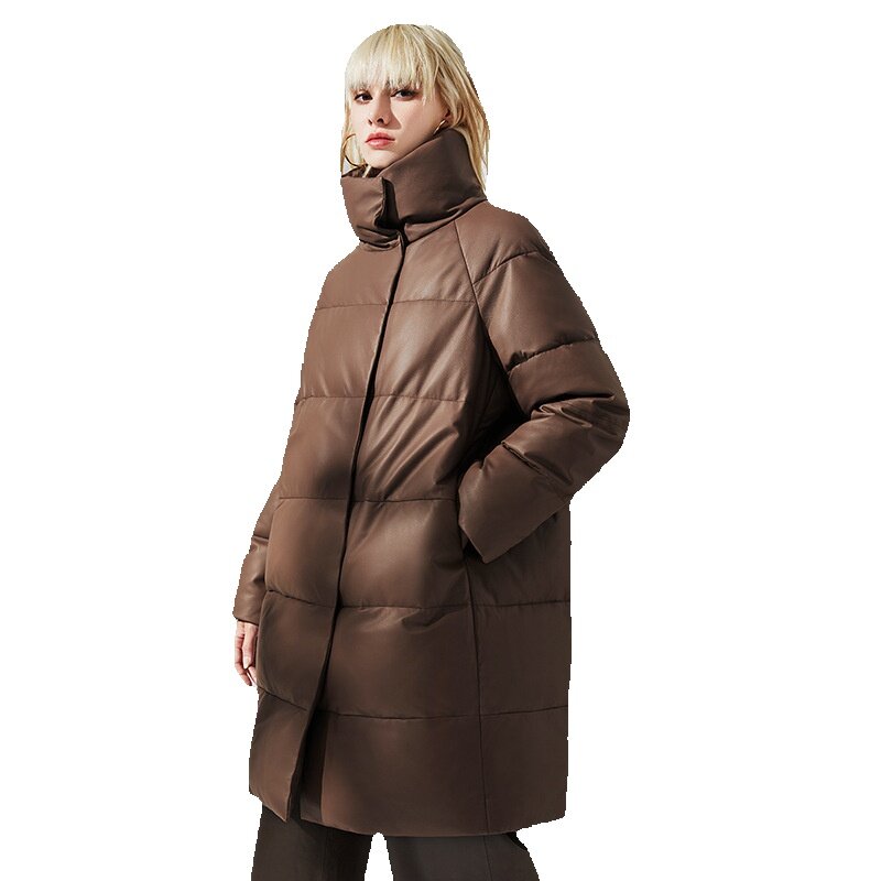 Новый сезон пуховик из натуральной кожи с длинным воротником, свободная облегающая куртка из натуральной овечьей кожи в Корейском стиле