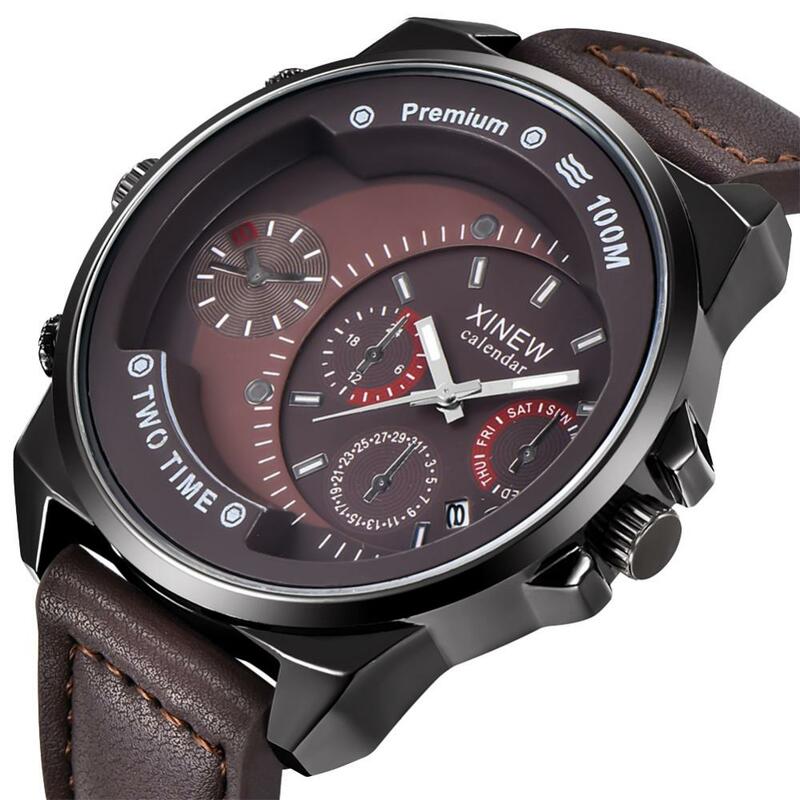 Jam tangan olahraga pria jam tangan kuarsa subdial kalender jam tangan kulit imitasi jam tangan kasual untuk pria