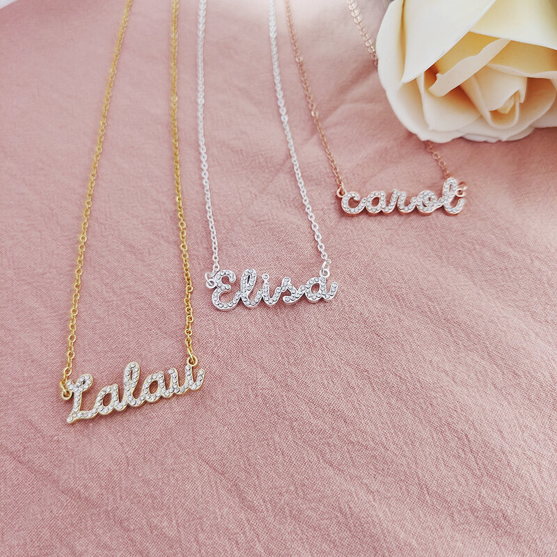 Custom Name Necklace Crystal Pendant Stainless Steel Personalized Necklace Custom Name Jewelry Mini Delicate Women's Necklace