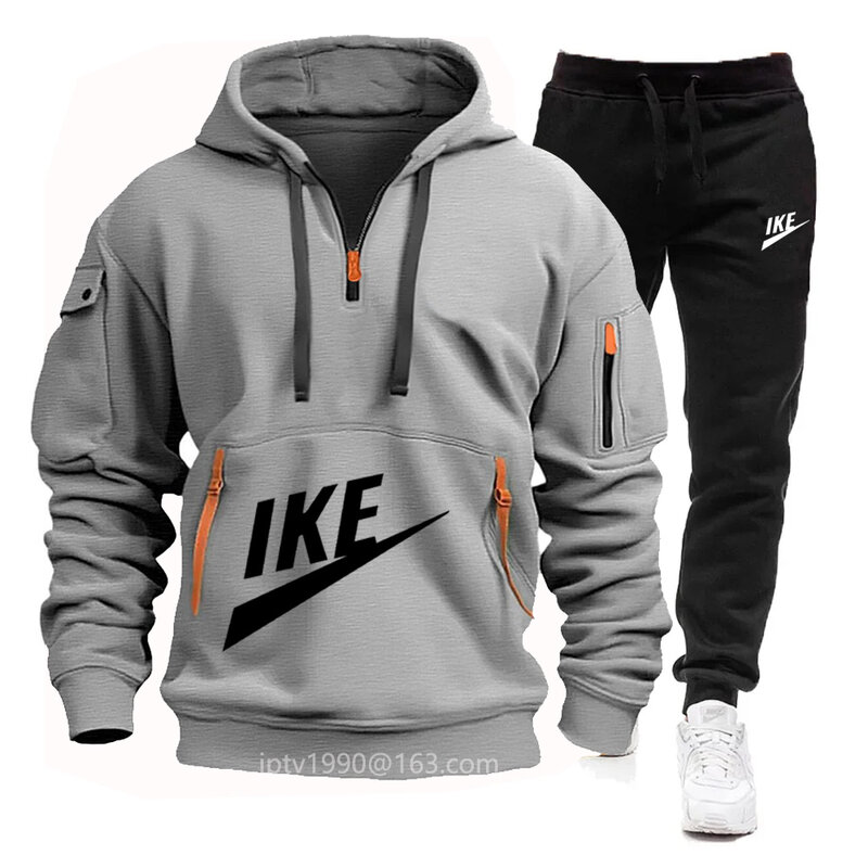 Pakaian pria musim semi dan gugur 2024, hoodie ritsleting multi-saku + celana olahraga pakaian kebugaran jogging dua potong