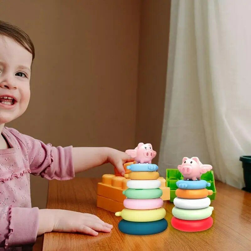 Susun lingkaran bersarang mainan cincin Stacker mainan bayi silikon susun lingkaran bersarang Montessori babi pelangi susun mainan untuk