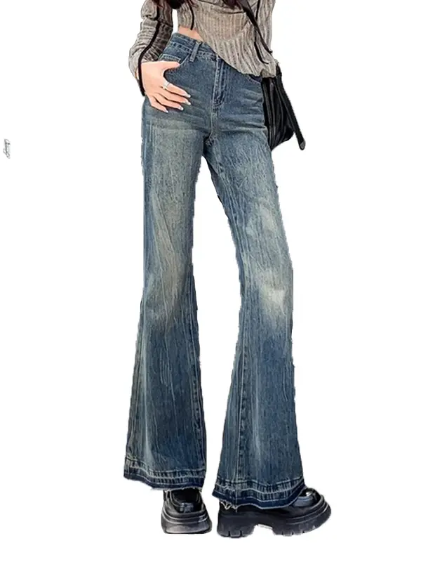 Джинсы женские свободные с высокой талией, винтажные шикарные классические брюки-клеш в американском стиле, Простые Модные джинсы с эффектом потертости, повседневная одежда на лето