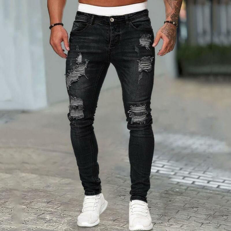 Jeans de furos retos rasgados masculinos, Streetwear respirável macio, correspondência de cores, botão médio da cintura, zíper botão, ajuste fino