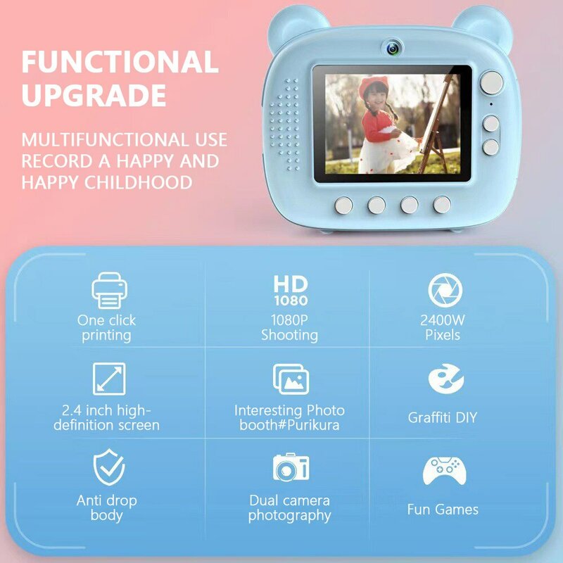 Kamera Digital instan anak-anak, mainan cetak termal instan kamera cetak foto instan + kartu memori 32G