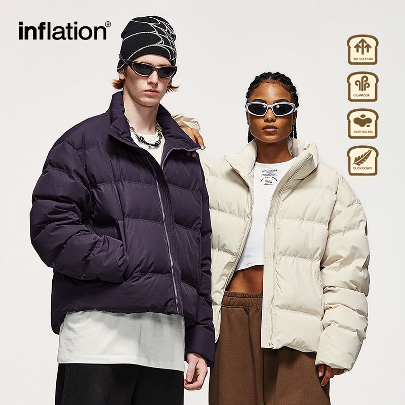 INFLATION Solid Color Windproof Crop Puffer Jacket Unisex Winter Thick Short Style 70% White Duck Down Jacket Mens Outerwear