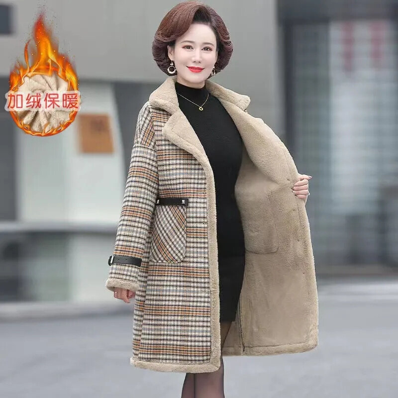 6XL 7XL 8XL 9XL Large Size Thicken Warm Plaid Jacket Middle-aged Women's Lamb Velvet Winter Parkas Coats Female Fleece Overcoat