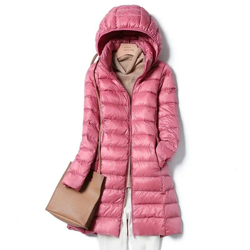 여성용 가볍고 얇은 다운 재킷, 미디엄 롱, 화이트 덕다운 후드, 가볍고 얇은 코트, 대형 분리형 Ha, 가을 겨울 신상