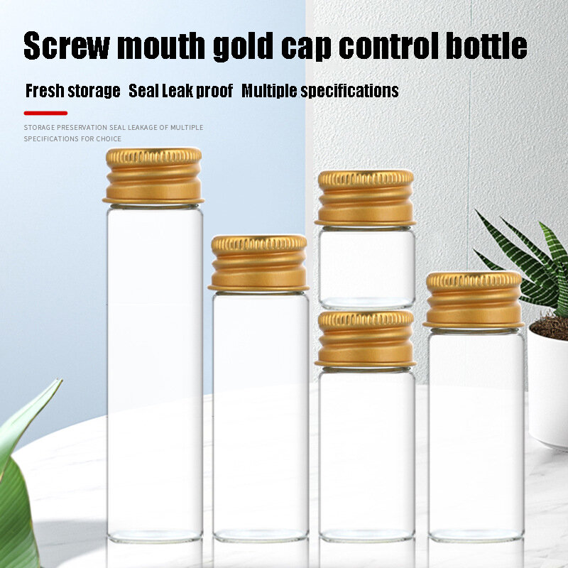 Botella de vidrio transparente con tapas de tornillo de aluminio, frascos pequeños dorados, contenedor de cosméticos, Kit de viaje, botellas rellenables vacías, 5-30ml