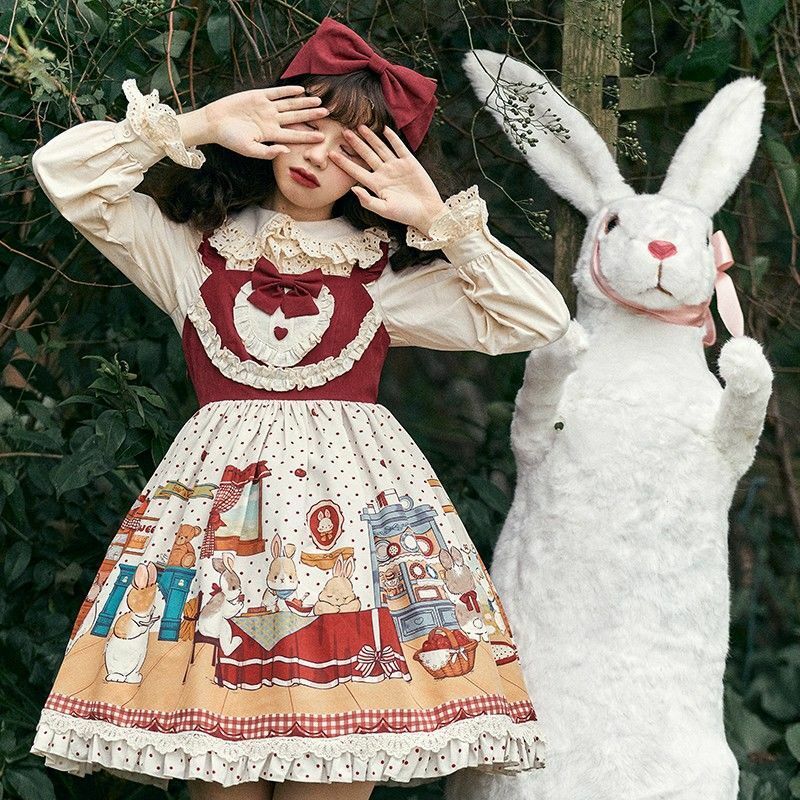 Japanese Cartoon Print Sweet Lolita Jsk Princess Dress Women Cute Bow Kawaii Ruffles Party Dress Girls Gothic Dress