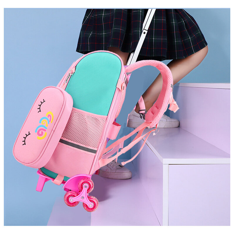 Mochila escolar con ruedas de unicornio de dibujos animados para niñas, adolescentes, niños, bolsa con ruedas, mochila para estudiantes