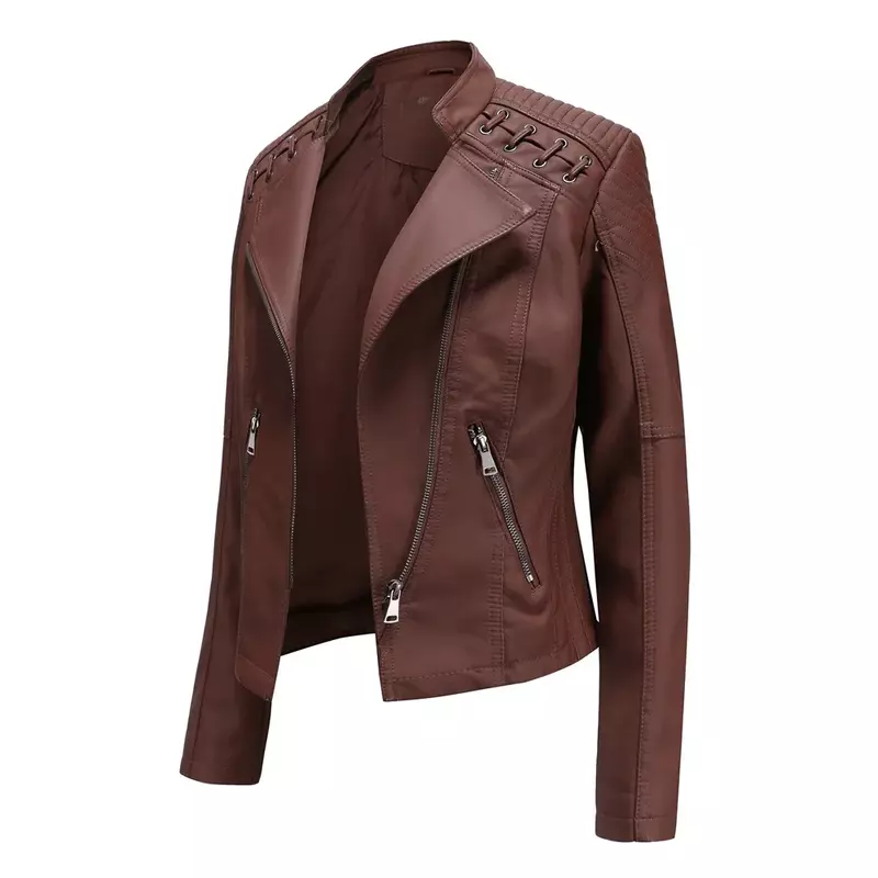 女性のための薄い革のオートバイのコート,女性のための短いオートバイの服,秋,2024