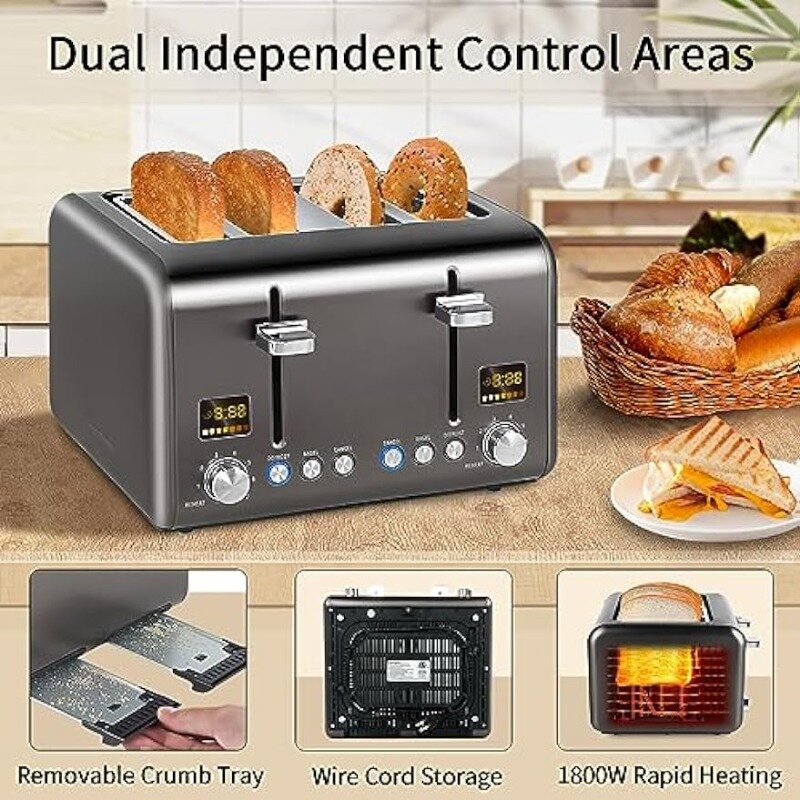 Toaster 4 Slice,Stainless Steel Bread Toaster with Colorful LCD Display,7 Bread Shade Settings,Bagel/Defrost/Reheat Functions