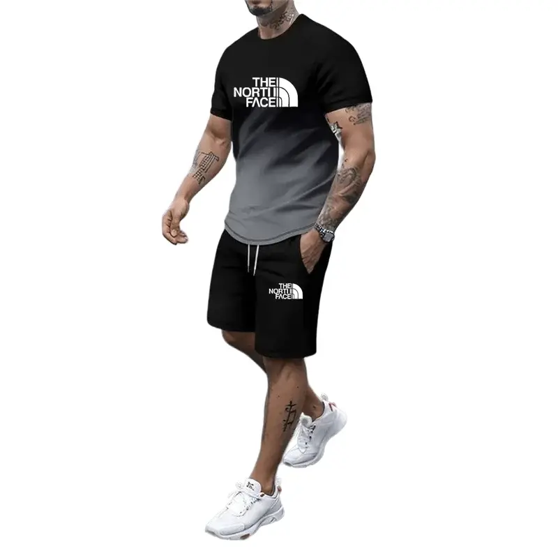 Camiseta gradiente masculina de manga curta e shorts, conjunto esportivo casual, secagem rápida, moda verão, conjunto de 2 peças