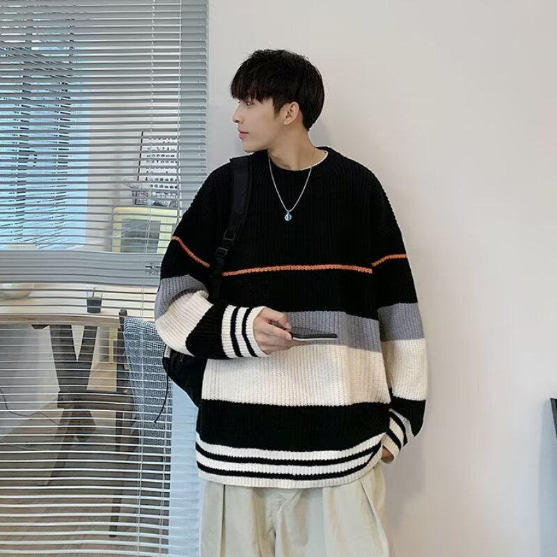 Sweaters Men New Striped Warm Knitwear Winter Baggy Long Sleeve O-neck Harajuku Popular Daily Simple Japanese Style Pullovers