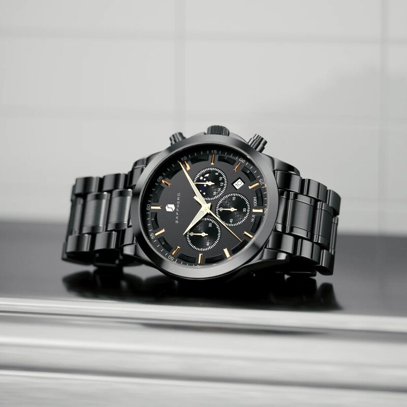 SAPPHERO Stainless steel Mens Watch Luxury Business Quartz Clock 100M Waterproof Casual Date Wristwatch for Men