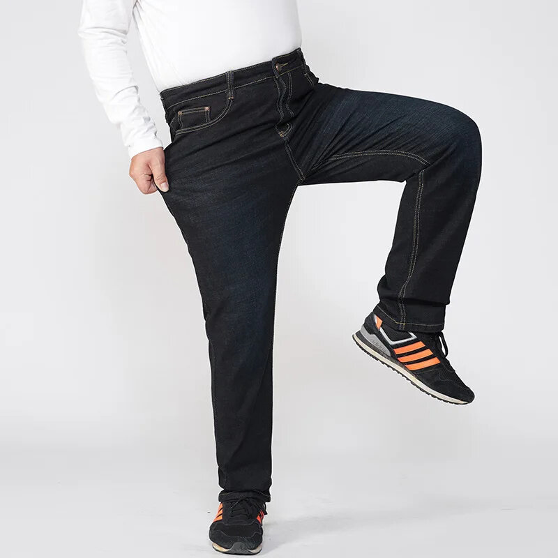 جينز رجالي سميك ، بنطلون مستقيم ممتد ، بنطلون فضفاض ، مقاس كبير ، بالإضافة إلى ، ارتفاع الخصر ، 56 ، 54 ، 52 ، 50 ، الخريف ، الشتاء