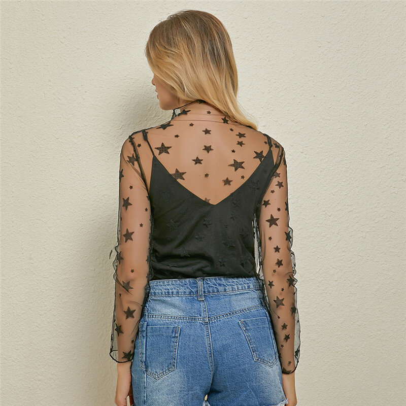 Women's Sexy Mesh Sheer Lace Blouses Perspective Long Sleeve Stand Collar Mesh Tops Striped Polka Dot Stars Party Tee Blouses