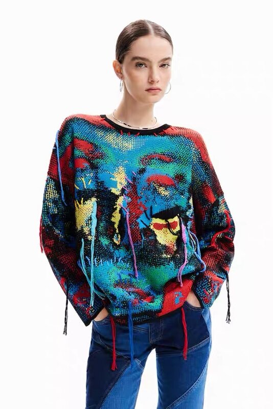 Sweater Jacquard buatan tangan wanita, baju rajutan longgar menggantung benang buatan tangan Spanyol warna kontras