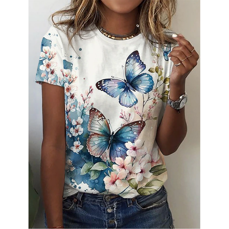 2024 New O-Neck 3d Butterfly Print T Shirt Women's T-shirt Summer Fashion Short Sleeve Tops Oversized Summer Top Female Clothing