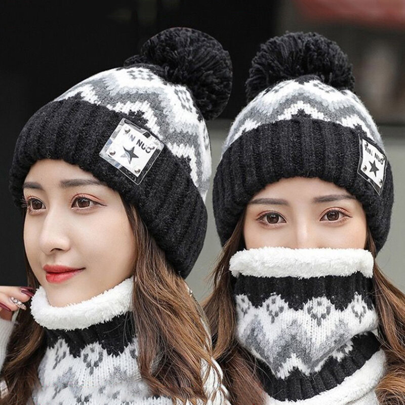 Topi Beanie Set Penghangat Leher untuk Wanita Topi Rajut Topi Musim Dingin Beanie Wanita Syal Leher Wol Tebal Topi Musim Dingin Wanita 2022