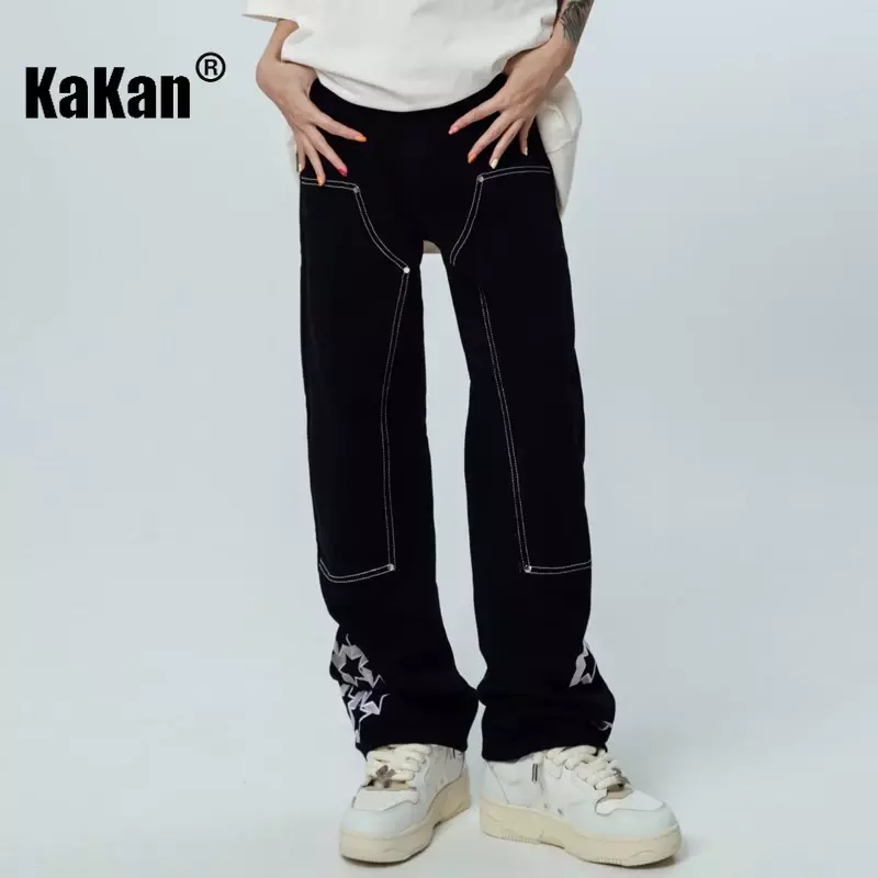 Kakan-jeans bordados para homens, jeans pretos largos e longos, estilo europeu e americano, k27-5302