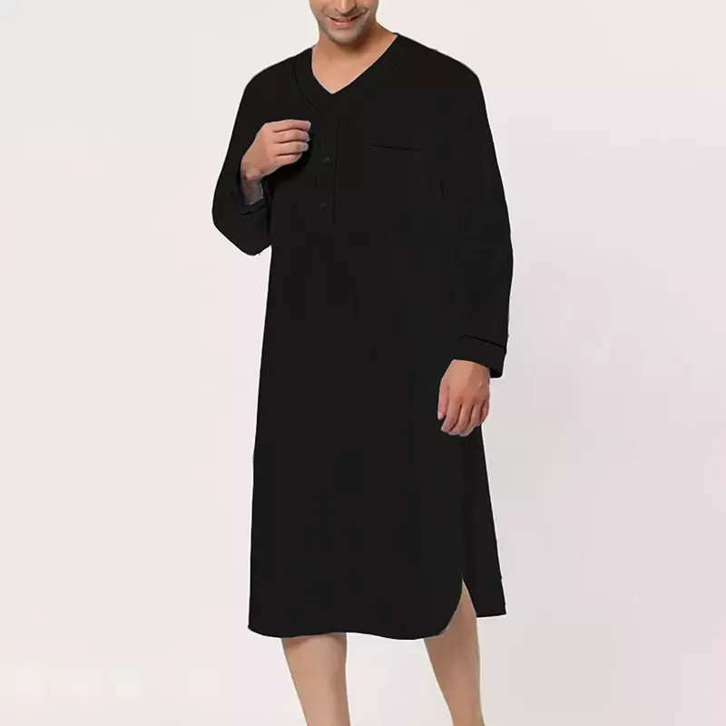 V-Neck Pocket Roll Sleeve Gown Casual Kaftan Thobe Long Men Solid Night Linen Shirt Short Robe Up With Loose