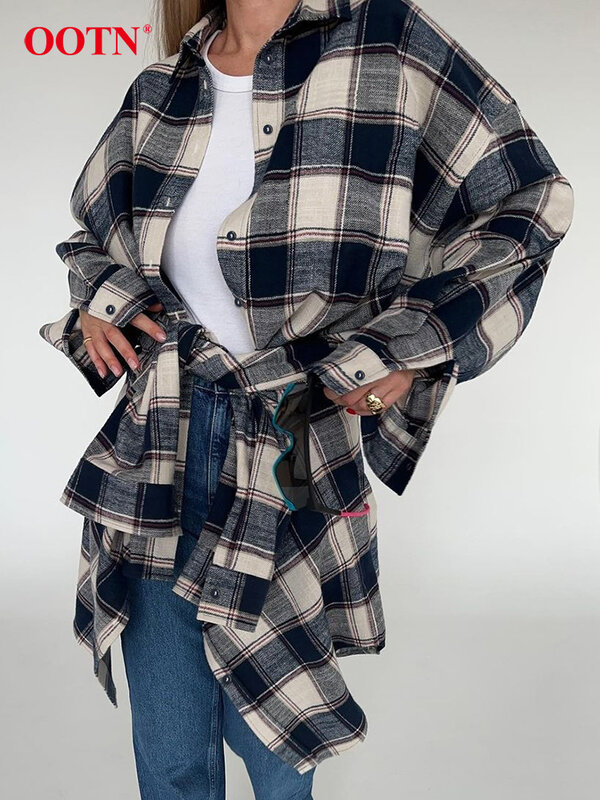 OOTN-Camisas de manga comprida xadrez vintage para mulheres, blusa casual feminina, blusa virada para baixo, moda de escritório, outono, 2024