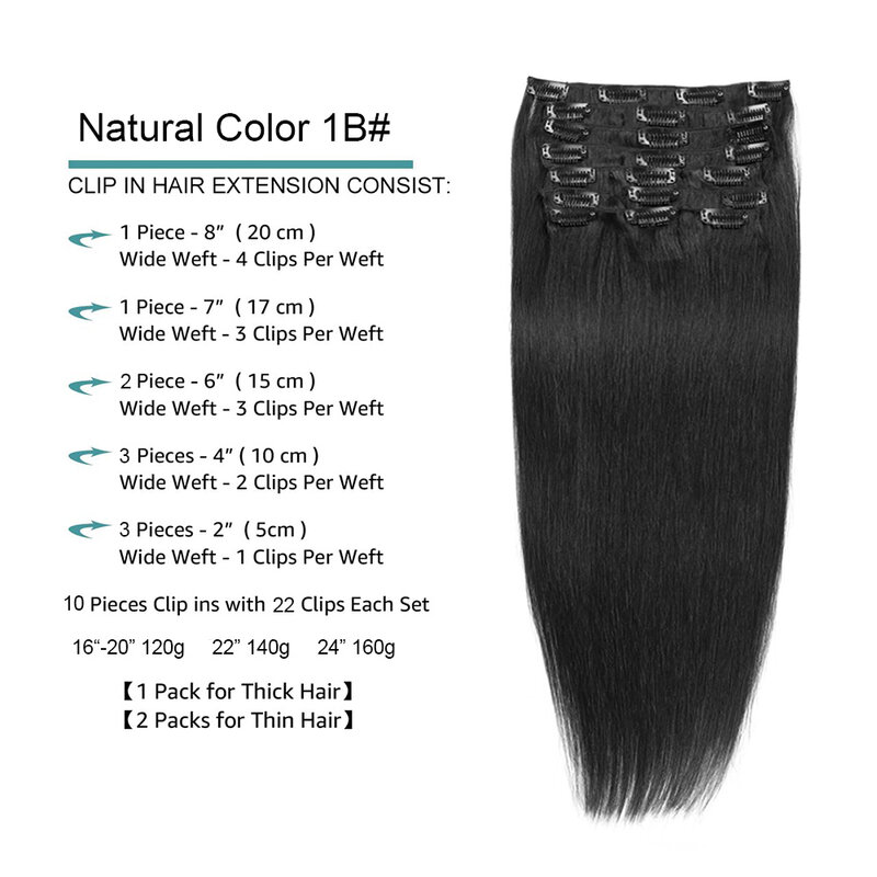 Doczepy z włosów z klipsem Prawdziwe naturalne włosy Remy Proste brazylijskie bezszwowe doczepy z ludzkich włosów 10 SZTUK/PAKIET 24 cale 160 g