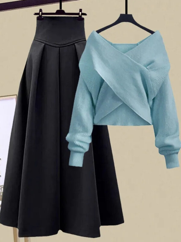 Conjunto de malha casual coreano feminino, roupas de 2 peças, suéter pulôver e saias de cintura alta, outono e inverno 2023