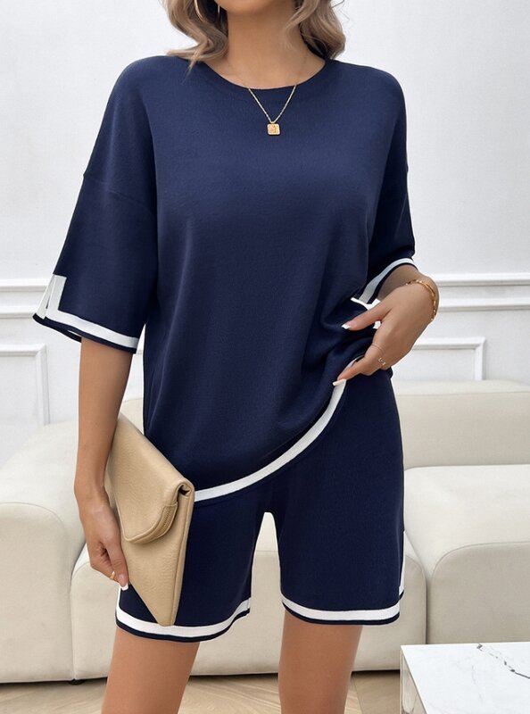 2024 Two Piece Set for Women New Fashion Solid Color Casual Style Short Sleeve Crew-Neck Casual Sweater Pants Set