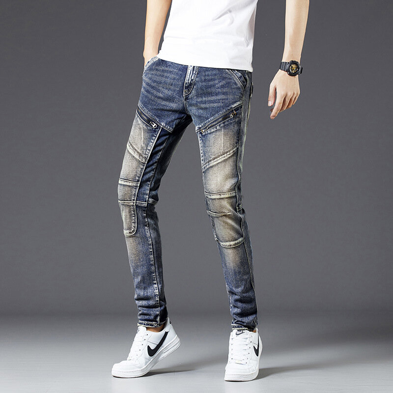 High-End Men's Vintage Jeans Street Tide Brand Personality Zipper Slim Fit Patchwork Stretch Retro Motorcycle Long Pants