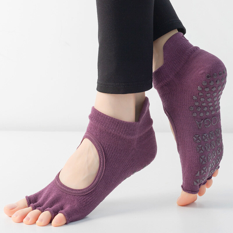 Chaussettes coordonnantes sans orteils pour femmes, dos nu, coton respirant, chaussettes de yoga, base en silicone, danse de ballet à cinq orteils, chaussettes de sport