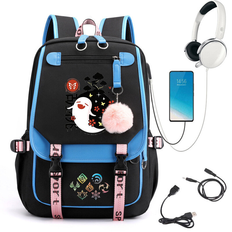 Tas punggung Anime Genshin Impact Hutao ransel nilon buku sekolah tas Travel siswa Laptop kasual Port USB tas Messenger
