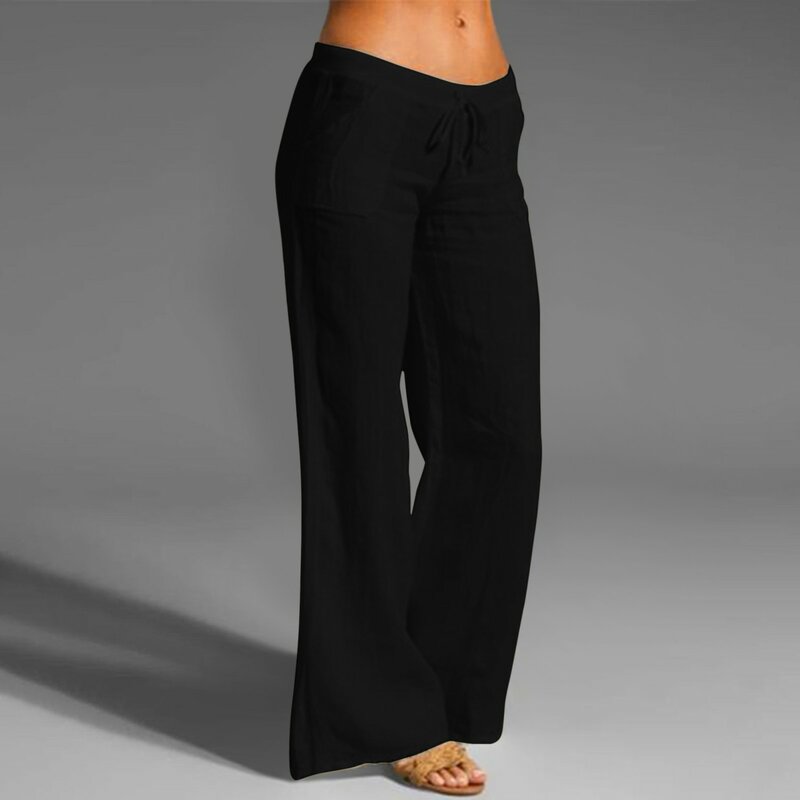 Женские широкие брюки с завышенной талией, модные женские однотонные удобные прямые длинные брюки со шнуровкой и карманами