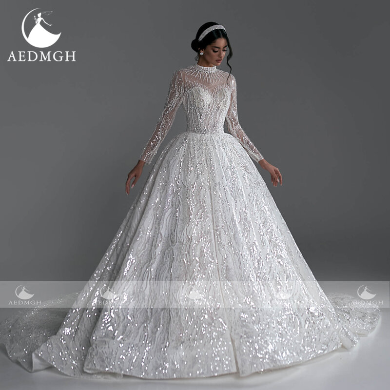 Aedmgh-Robe de mariée en dentelle à col haut et manches longues, robe de Rhmagnifique, paillettes brillantes, train court, robes de mariée, 2024