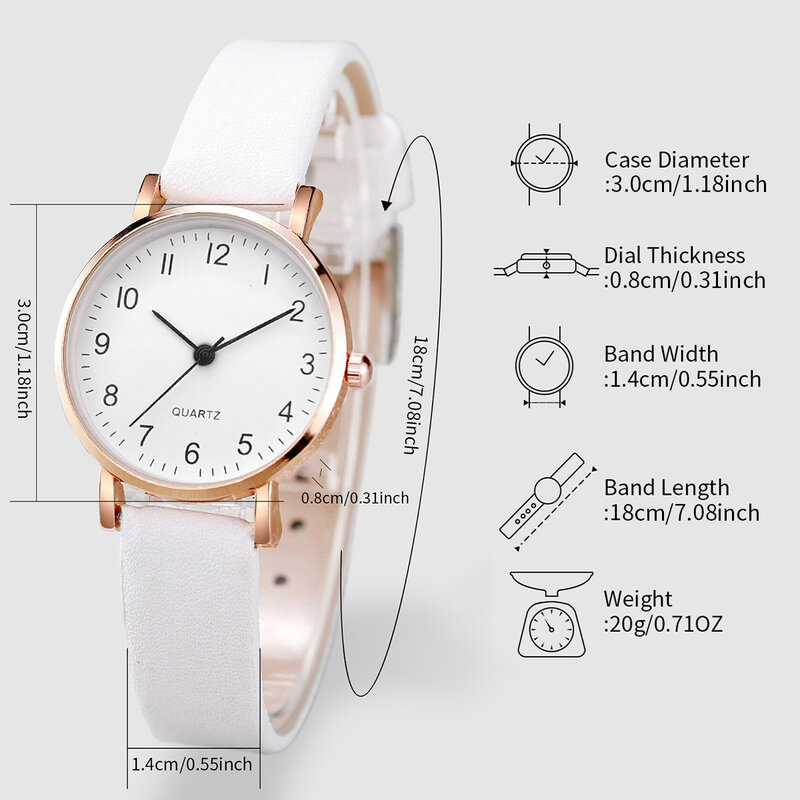 2pcs/set Women White Leather Strap Simple Quartz Watch with Love Heart Bracelet