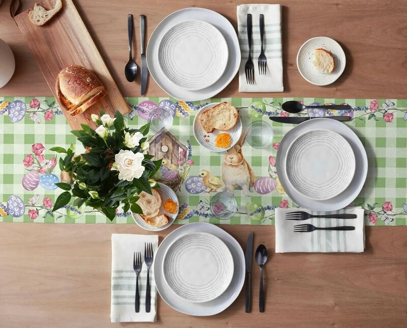 Pelari meja makan dapur, dekorasi pernikahan, taplak meja makan Linen kotak-kotak hijau bunga telur warna-warni Kelinci Paskah