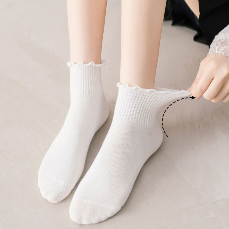 Calcetines tobilleros de tubo medio con volantes para mujer, medias tobilleras transpirables, estilo Harajuku, color blanco y negro, moda de primavera y verano