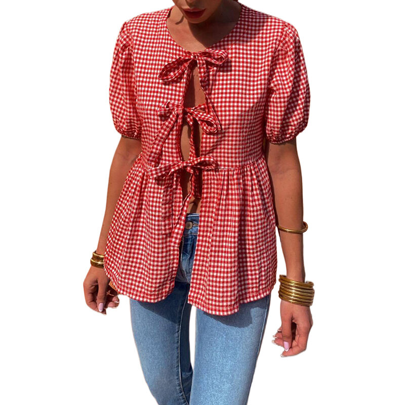 Bow Tied Lace Up T Shirts For Women 2024 Plaid Short Puff Sleeve O-neck Elegant Loose Blouses Female Streetwear Lady Casual Tops