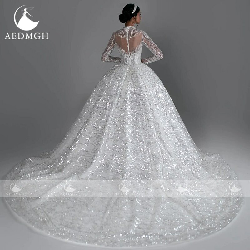 Aedmgh-Lace lantejoulas vestido de baile gola alta, vestido de noiva manga comprida, lindos vestidos de casamento, trem brilhante, 2024