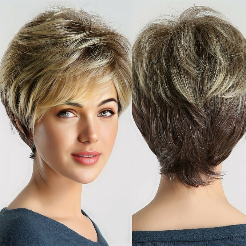 Wig Lady Grandma Grey Gold Spot Dyed Side Split Short Straight Hair for Middle and Elderly Breathable Wig