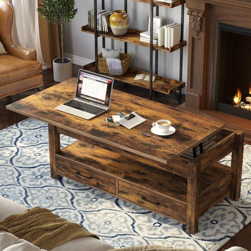 Журнальный столик, журнальный столик с выдвижными ящиками и скрытым отсеком, Ретро Центральный столик с деревянным подъемником