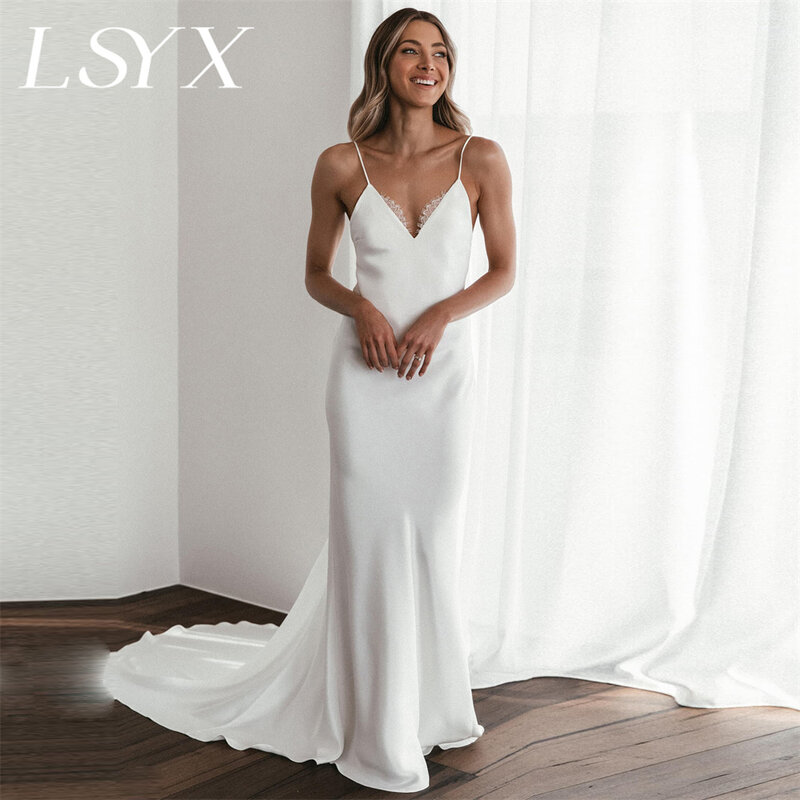 LSYX Deep V-Neck Spaghetti Straps Sleeveless Lace Mermaid Wedding Dress Crepe Open Back Length Bridal Gown Custom Made