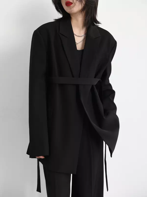 VEN – Blazer CHIC avec épaules larges pour femme, manteau mi-long avec ruban, couleur unie, grande taille, pour le bureau, collection printemps-automne 2022