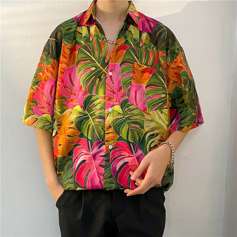 Camisa floral vintage de manga curta masculina, blusa casual bonito de meia manga, estampa havaiana solta para férias, moda verão