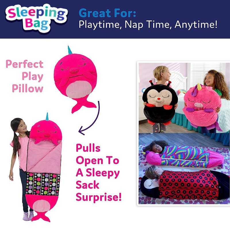 Kantong tidur kartun anak-anak, dengan bantal untuk hadiah ulang tahun, karung tidur lembut nyaman mewah hangat tidur hewan anak laki-laki dan perempuan