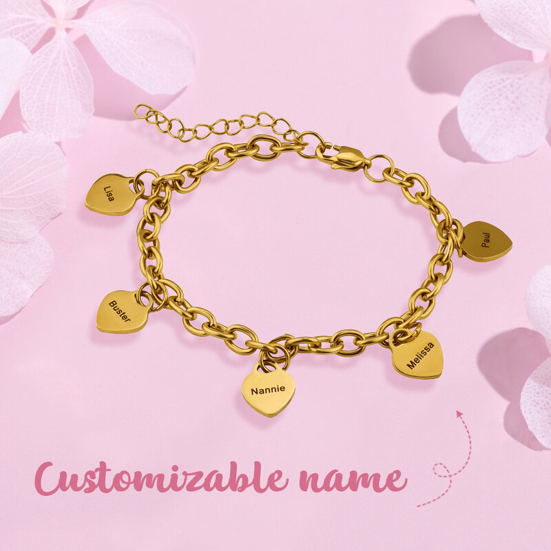 Bracelet personnalisé en acier inoxydable pour femmes, avec noms et cœurs